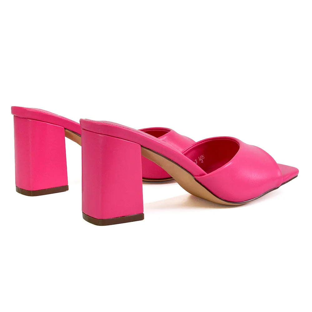 Lennon Square Toe Slip On Mid Block Heel Sandal Mule Sandals in Pink