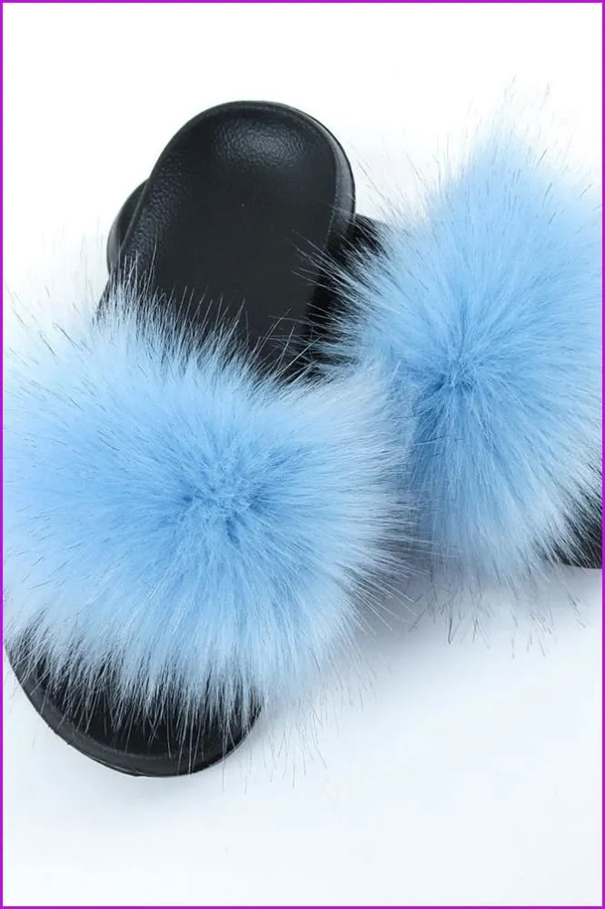 Light Blue Faux Fake Big Fur Slides F152