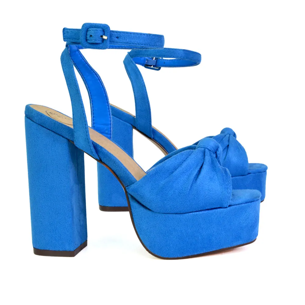 Lillian Peep Toe Strappy Chunky Block High Heel Platform Shoes in Blue Faux Suede