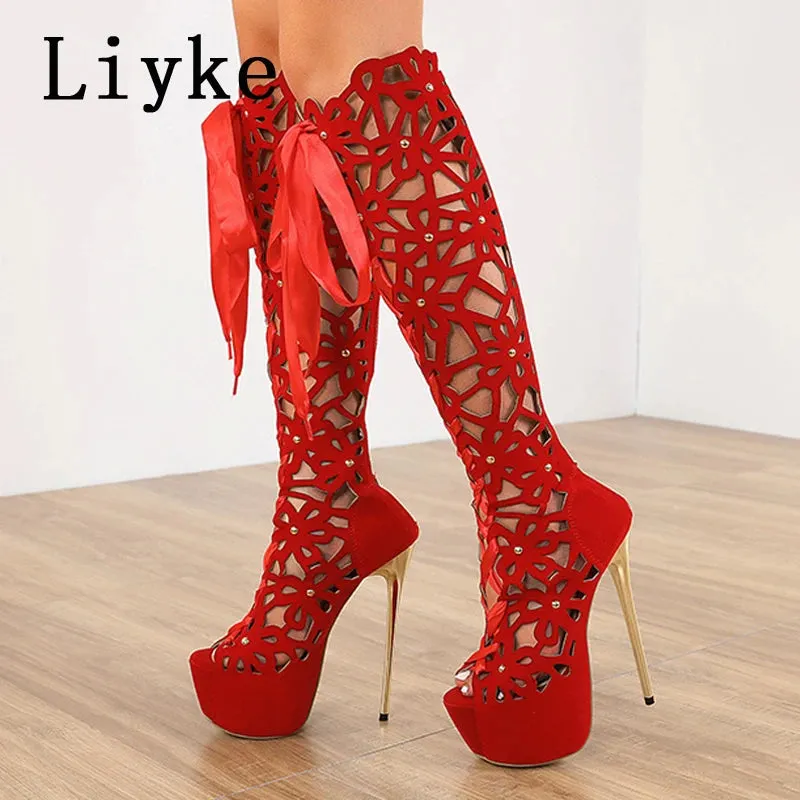 Liyke 16CM Ultra Thin High Heels Sensual Nightclub Hollow Out Over The Knee Boots Women Peep Toe Lace-Up Zip Platform Shoes Sandals