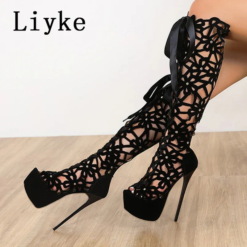 Liyke 16CM Ultra Thin High Heels Sensual Nightclub Hollow Out Over The Knee Boots Women Peep Toe Lace-Up Zip Platform Shoes Sandals