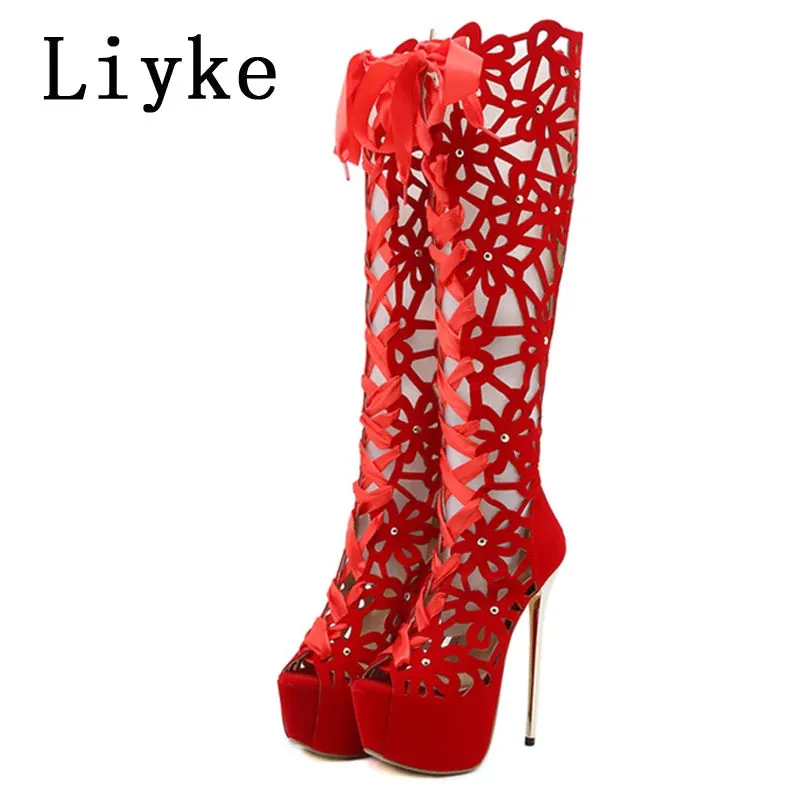 Liyke 16CM Ultra Thin High Heels Sensual Nightclub Hollow Out Over The Knee Boots Women Peep Toe Lace-Up Zip Platform Shoes Sandals