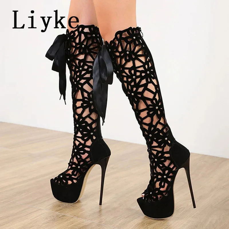 Liyke 16CM Ultra Thin High Heels Sensual Nightclub Hollow Out Over The Knee Boots Women Peep Toe Lace-Up Zip Platform Shoes Sandals