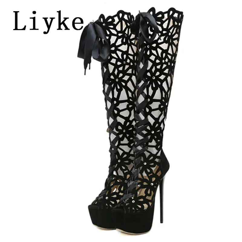 Liyke 16CM Ultra Thin High Heels Sensual Nightclub Hollow Out Over The Knee Boots Women Peep Toe Lace-Up Zip Platform Shoes Sandals