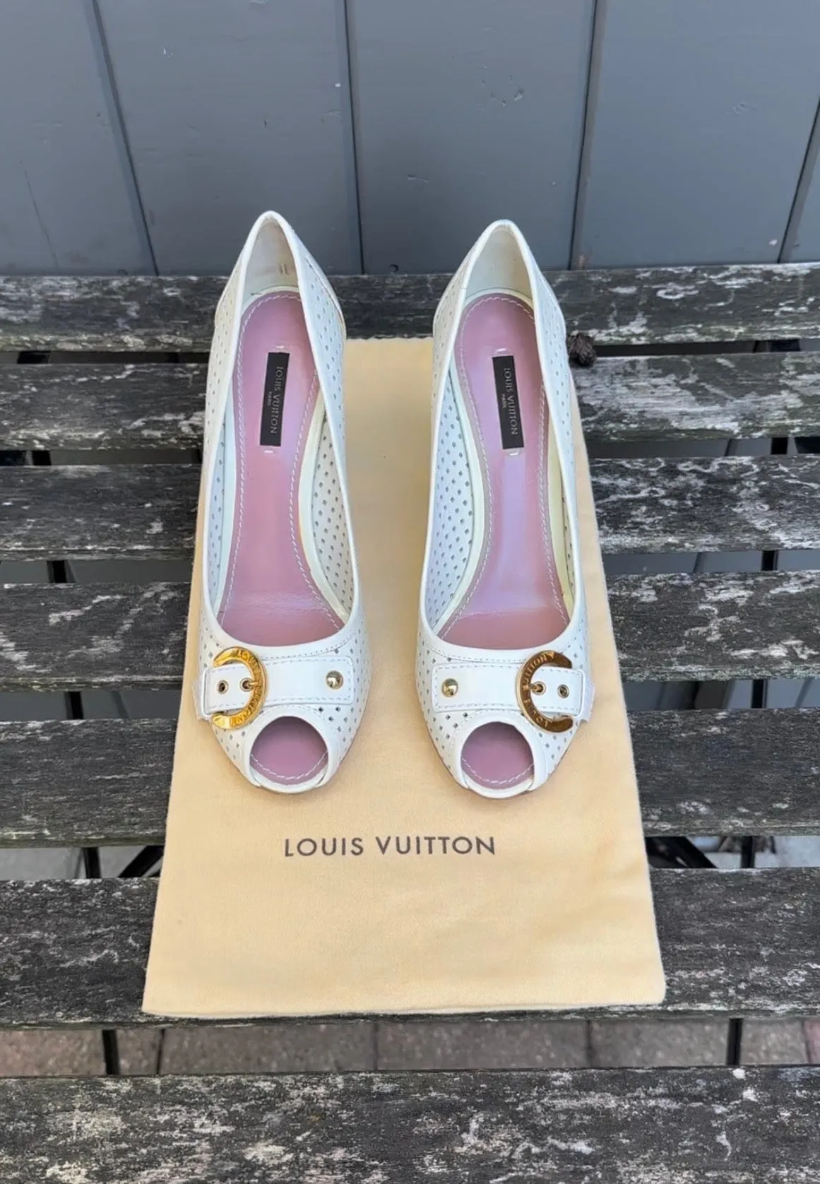 LOUIS VUITTON Perforated Leather Buckle Peep-Toe High Heel Pumps