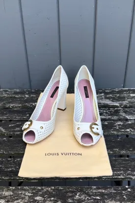 LOUIS VUITTON Perforated Leather Buckle Peep-Toe High Heel Pumps