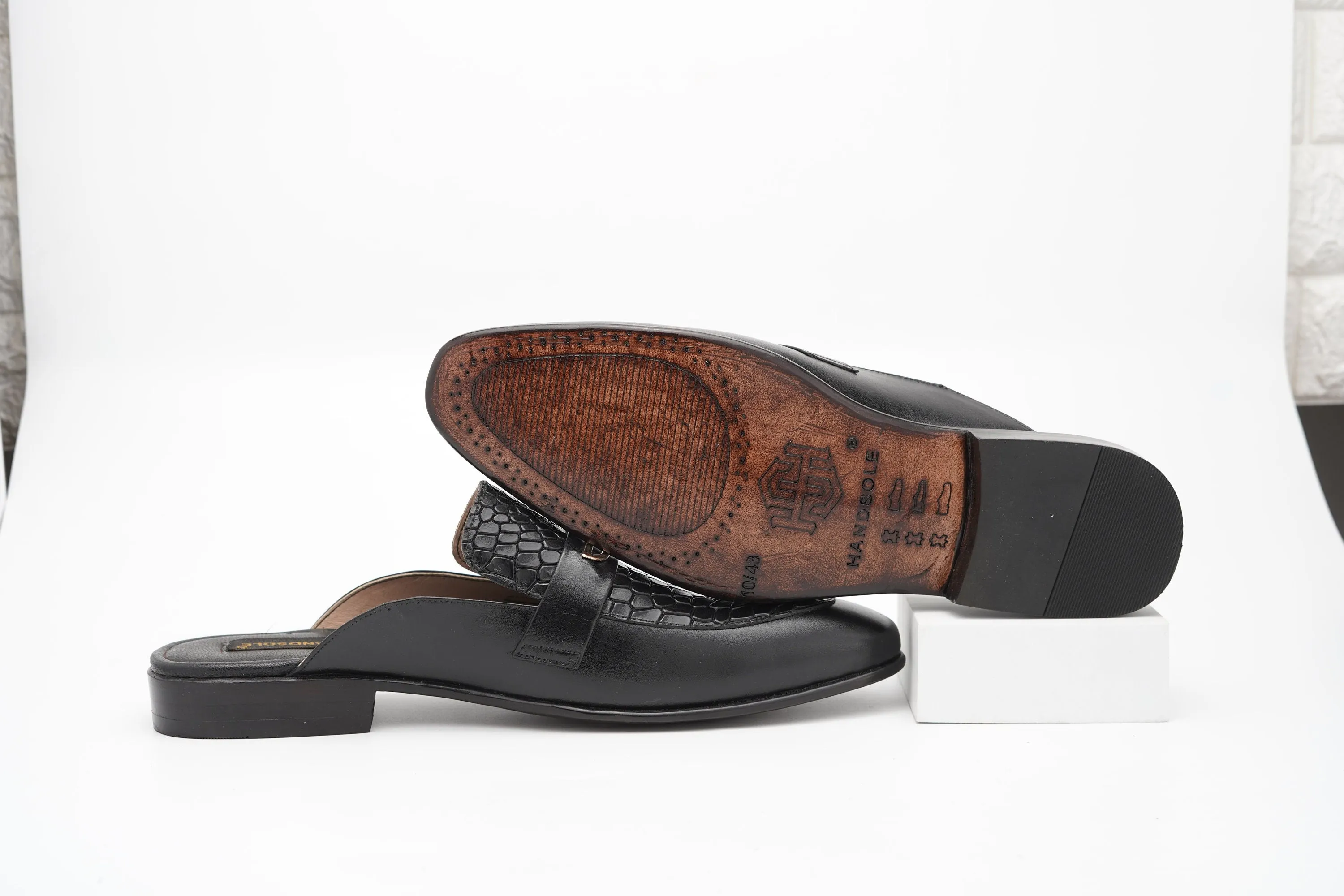 Medallion Black alligator/aniline Backless Slip On Mule Custom Made-To-Order Shoes  Premium Quality Handmade