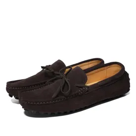 Men's Casual Flat-Soled Leather Loafer Moccasins Comfortable and Light Square-Toe Beanie Shoes with Bow for Driving