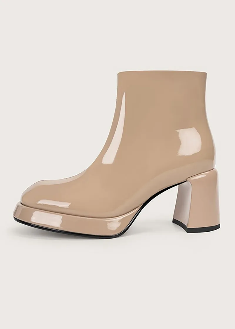 Patent Genuine Leather Side Zip Chunky Heel Booties