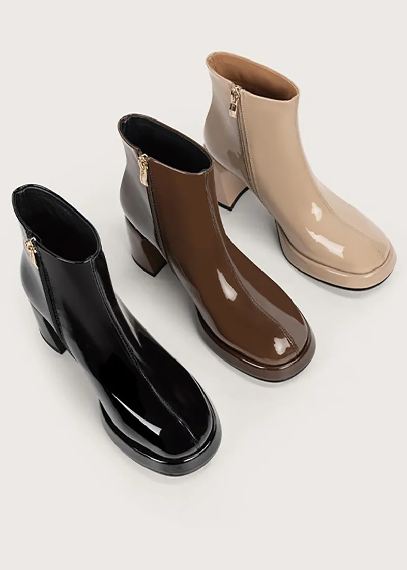 Patent Genuine Leather Side Zip Chunky Heel Booties