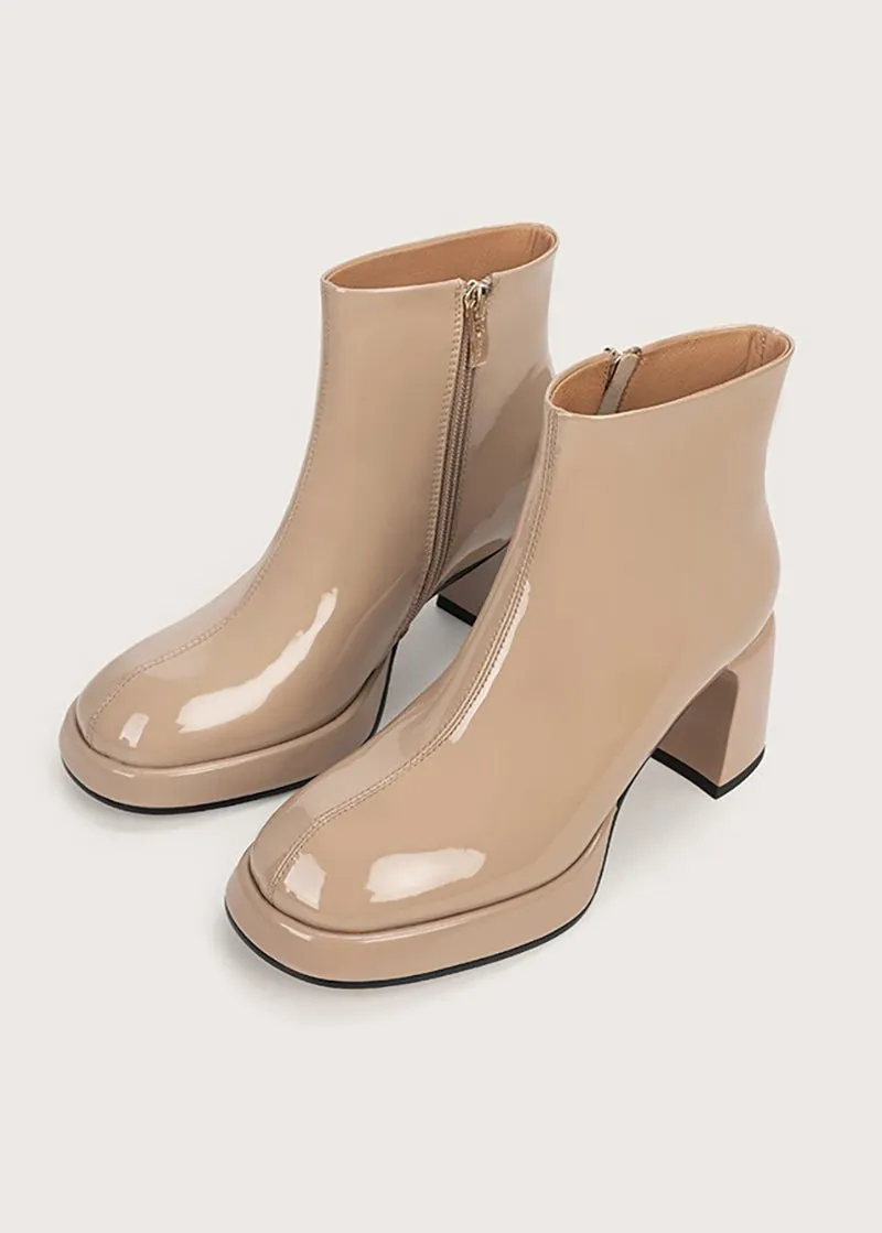 Patent Genuine Leather Side Zip Chunky Heel Booties