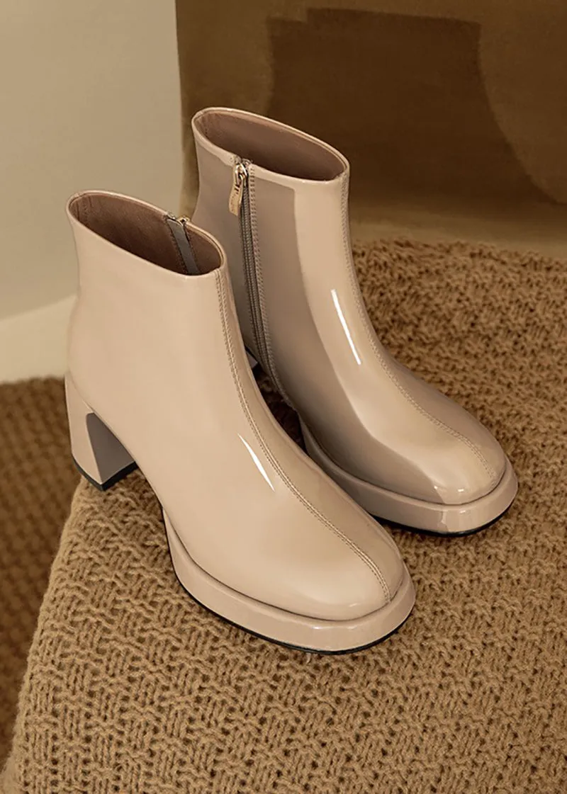 Patent Genuine Leather Side Zip Chunky Heel Booties