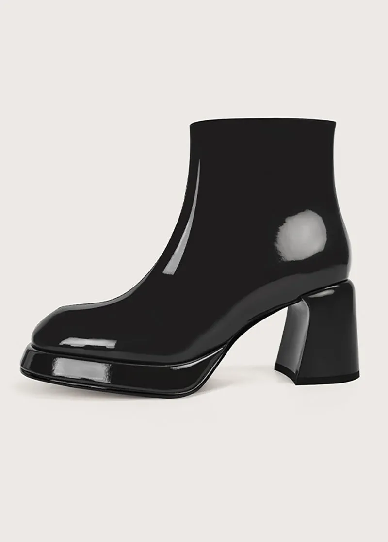 Patent Genuine Leather Side Zip Chunky Heel Booties