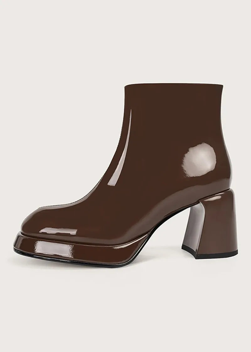 Patent Genuine Leather Side Zip Chunky Heel Booties