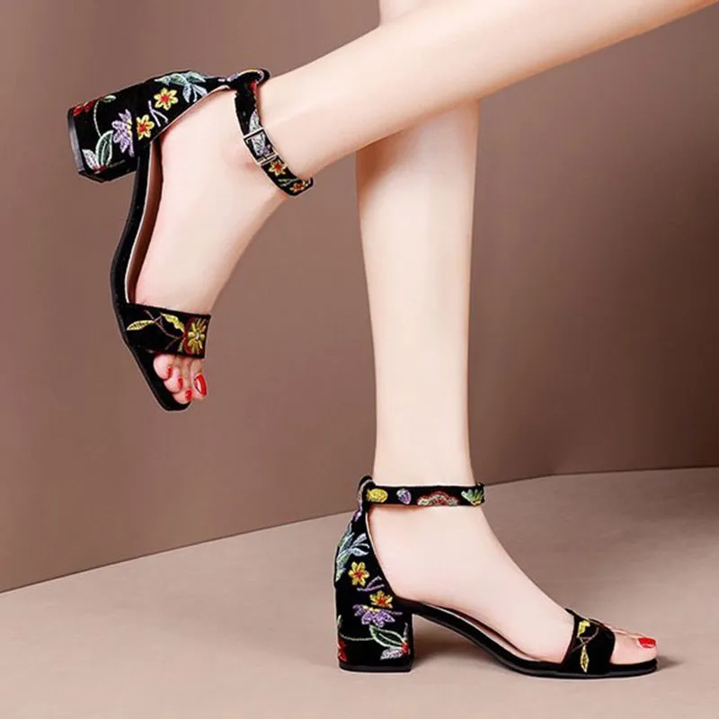 Plus Size 41 Summer Women Sandals Embroider Ankle Strap Sandal High Heels Dress Shoes Flower Ladies Shoes Sandalias Mujer