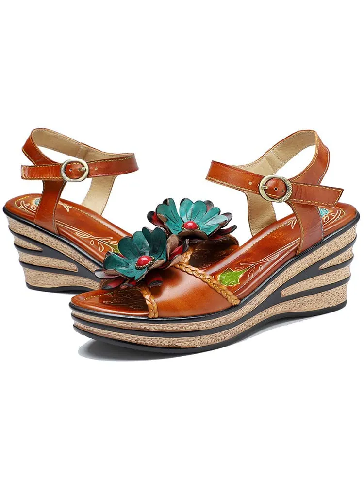 Retro Handmade Floral Wedge Sandals