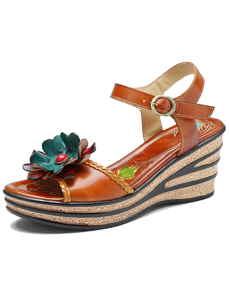 Retro Handmade Floral Wedge Sandals