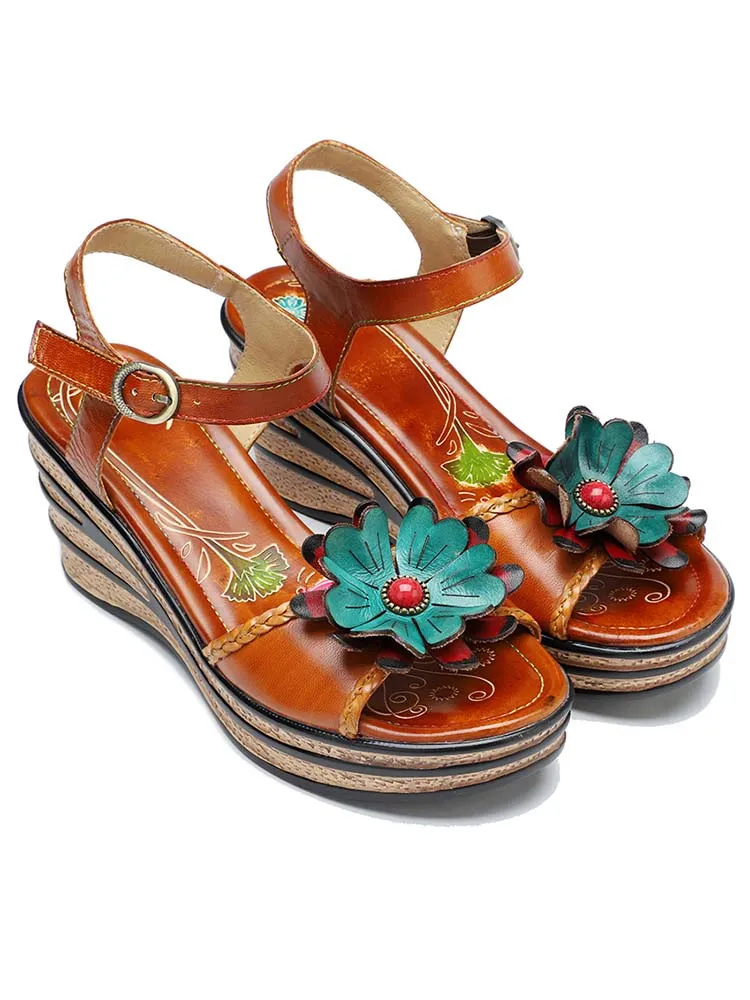 Retro Handmade Floral Wedge Sandals