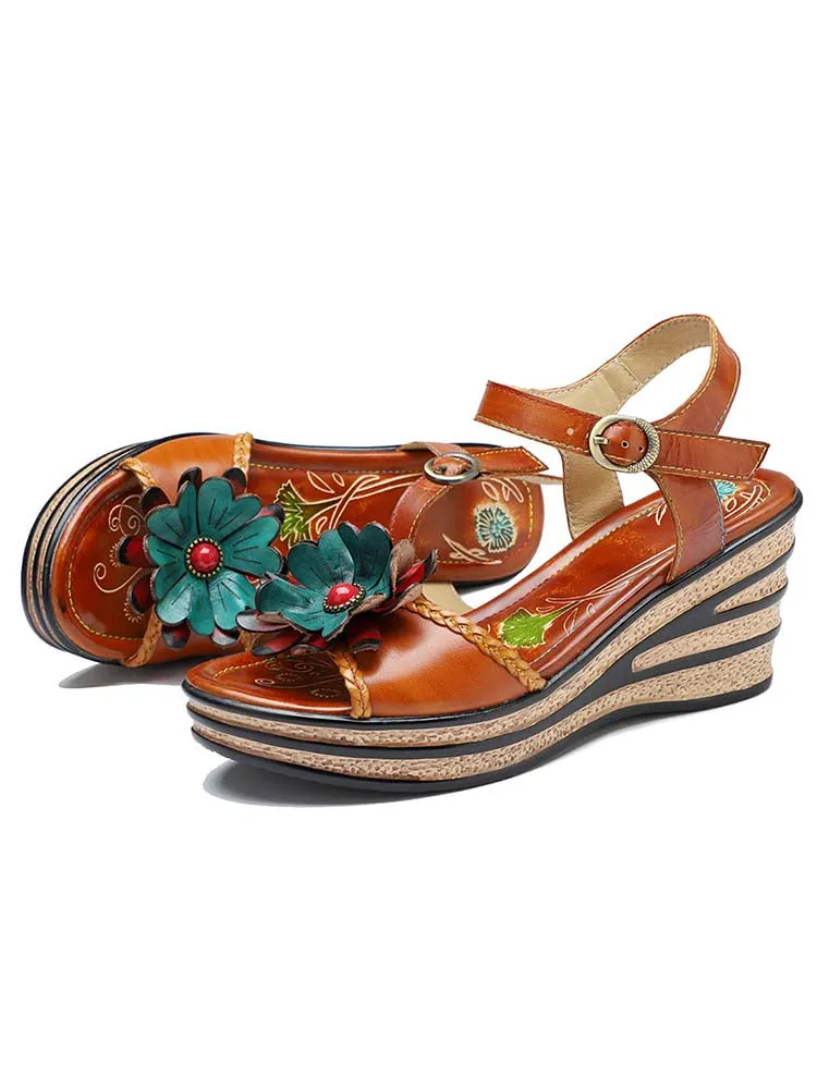 Retro Handmade Floral Wedge Sandals