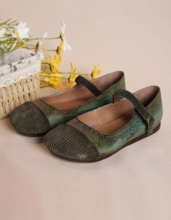 Soft-soled Handmade Retro Strap Flats Green