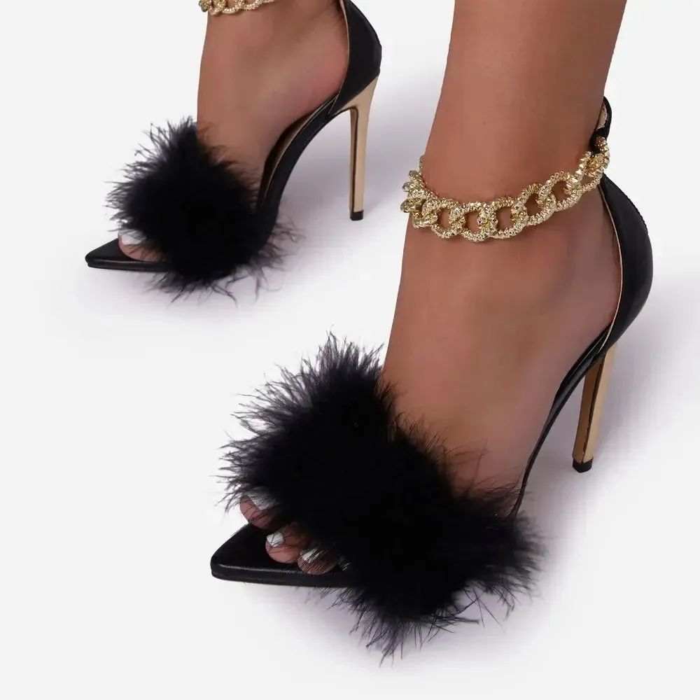 Summer Fashion Pointed Toe High Heels – Sexy Designer Furry Sandals for Women, Luxury Closed-Toe Party Shoes