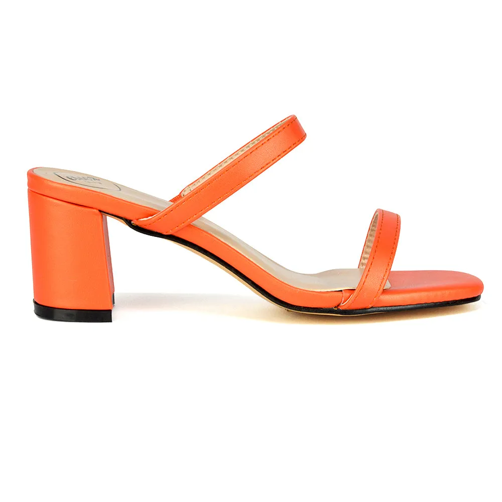 Tiff Double Strap Square Toe Slip On Low Mid Block High Heel Mule Sandals in Orange