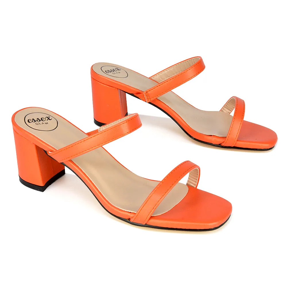 Tiff Double Strap Square Toe Slip On Low Mid Block High Heel Mule Sandals in Orange