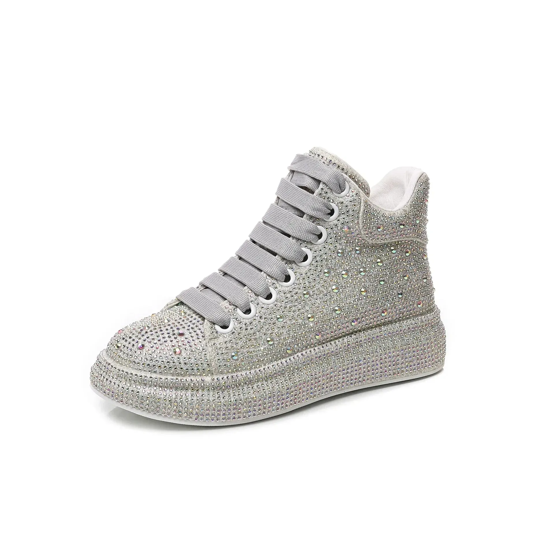 Top Quality Women's High-Top Skate Sneakers – Warm Cotton, Rhinestone Accents, Shiny Casual Board Shoes, Size 43