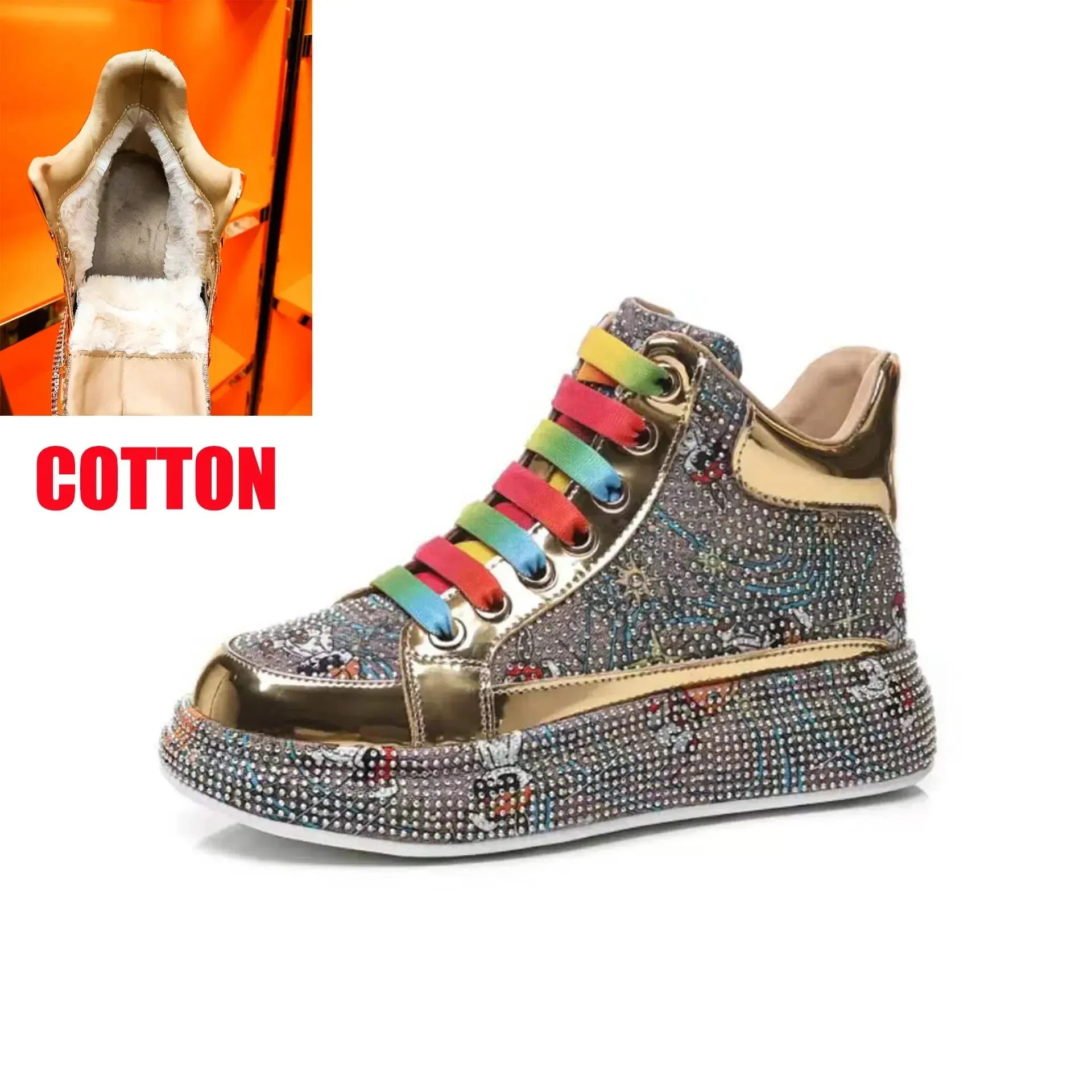 Top Quality Women's High-Top Skate Sneakers – Warm Cotton, Rhinestone Accents, Shiny Casual Board Shoes, Size 43