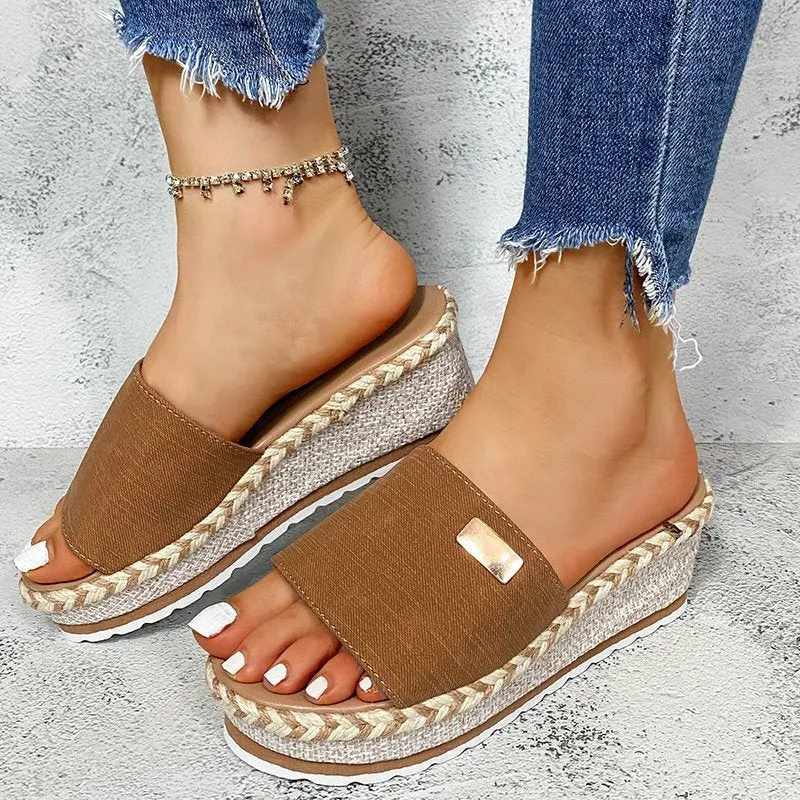 Wedge slide sandals peep toe slip on espadrille platform sandals