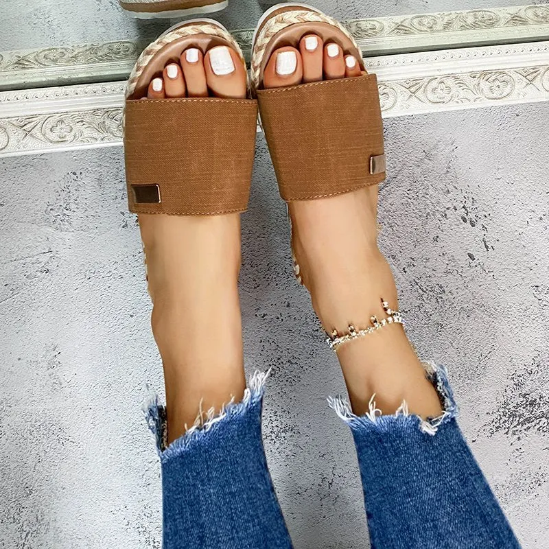 Wedge slide sandals peep toe slip on espadrille platform sandals