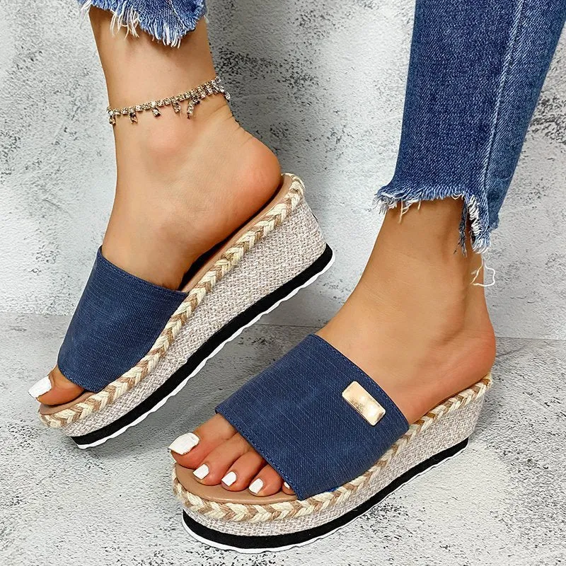 Wedge slide sandals peep toe slip on espadrille platform sandals