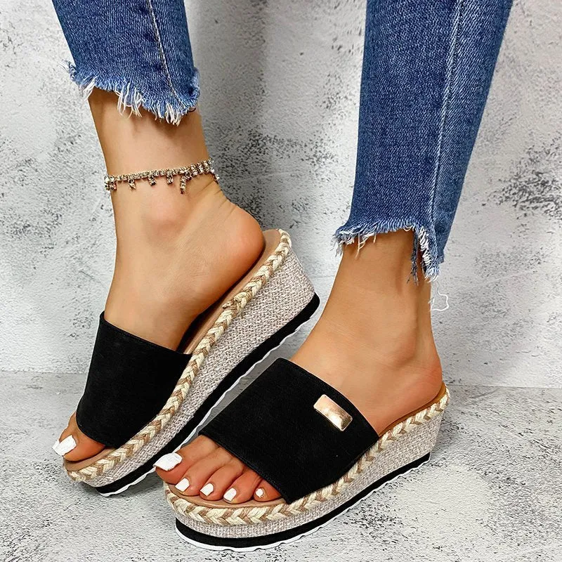 Wedge slide sandals peep toe slip on espadrille platform sandals