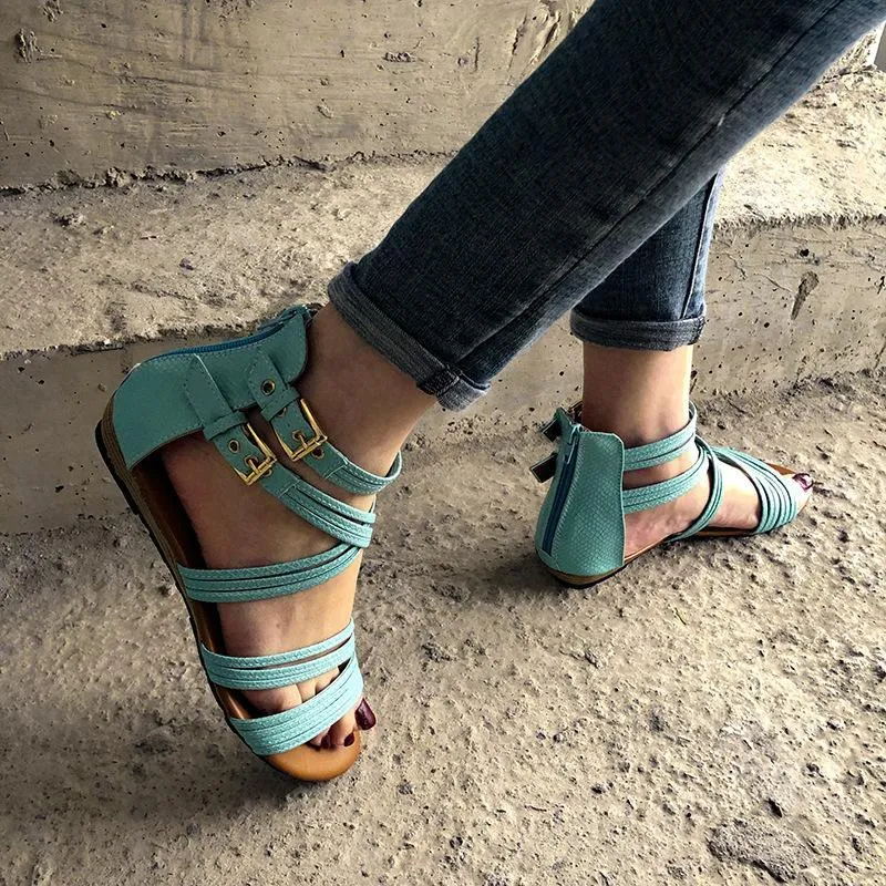 Women bohemian woven strap back zipper flat sandals