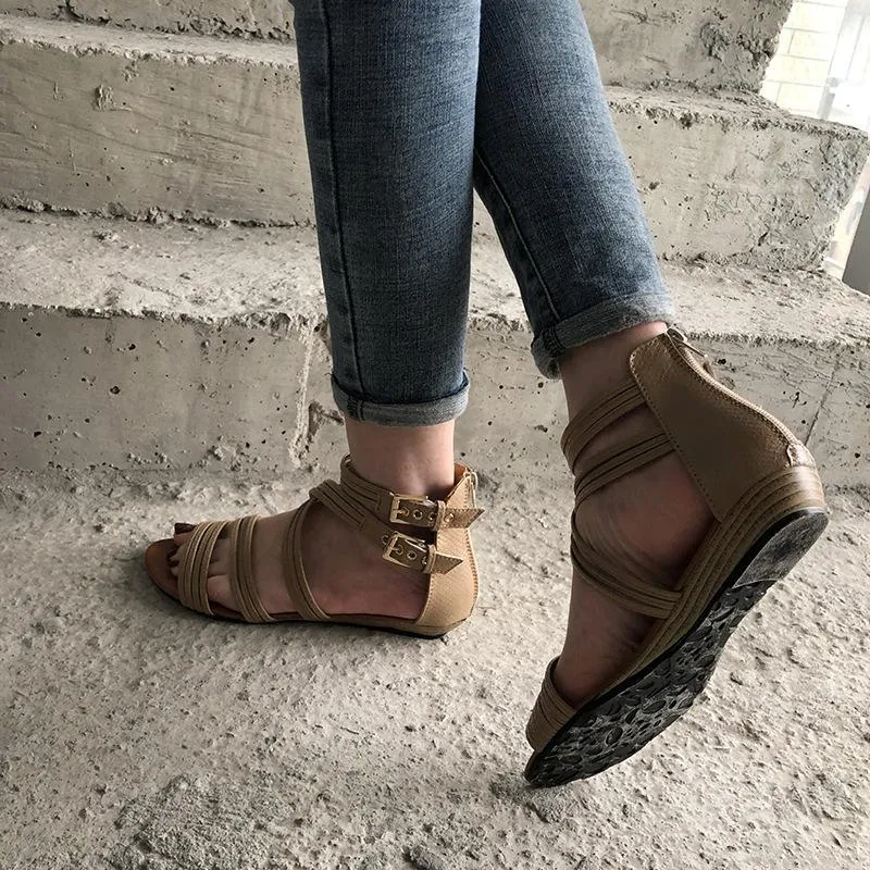 Women bohemian woven strap back zipper flat sandals