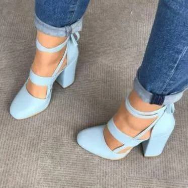 Women closed toe criss cross strappy lace up chunky heels