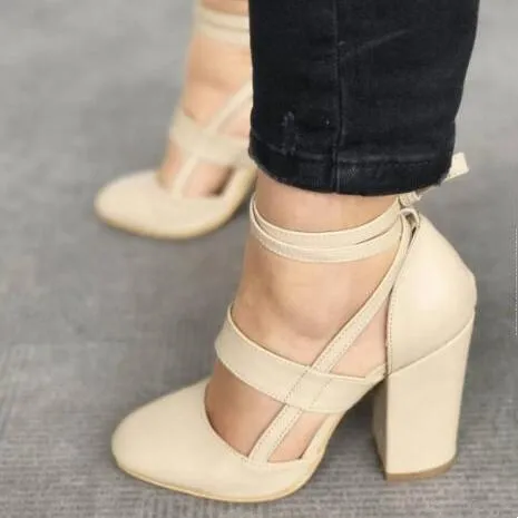 Women closed toe criss cross strappy lace up chunky heels