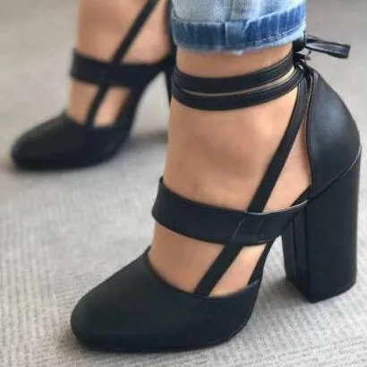 Women closed toe criss cross strappy lace up chunky heels