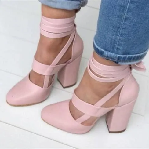 Women closed toe criss cross strappy lace up chunky heels