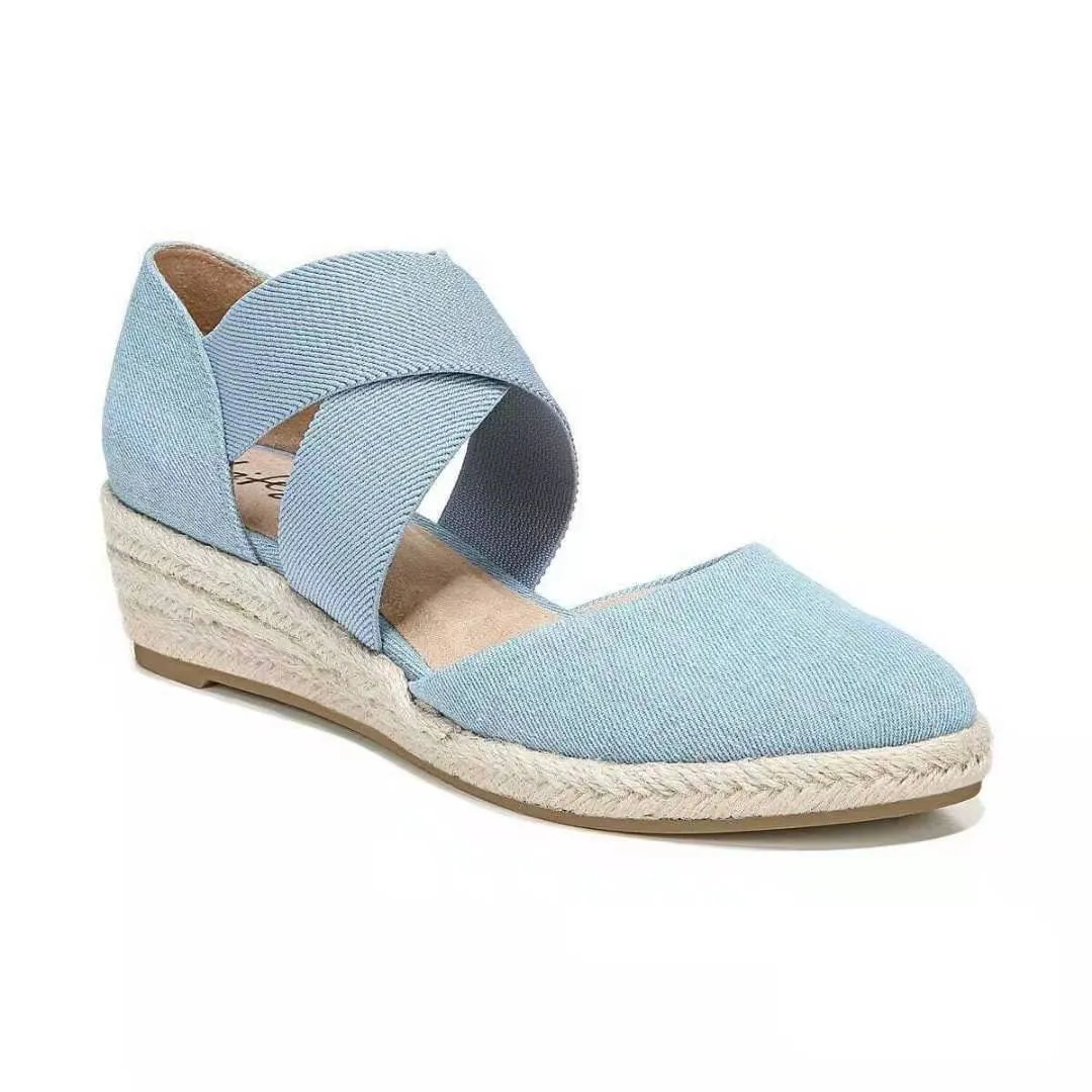 Women closed toe elastic criss strap espadrille wedge ballet sandals