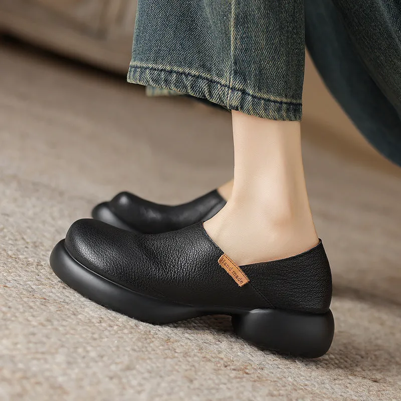 Women Comfy Thick- Soled Chunky Heel Leather Shoes