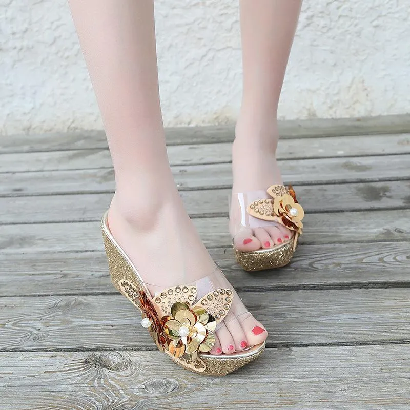 Women flower rhinestone platform wedge slide sandals