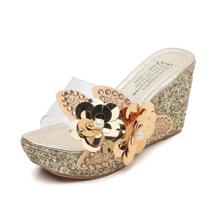 Women flower rhinestone platform wedge slide sandals