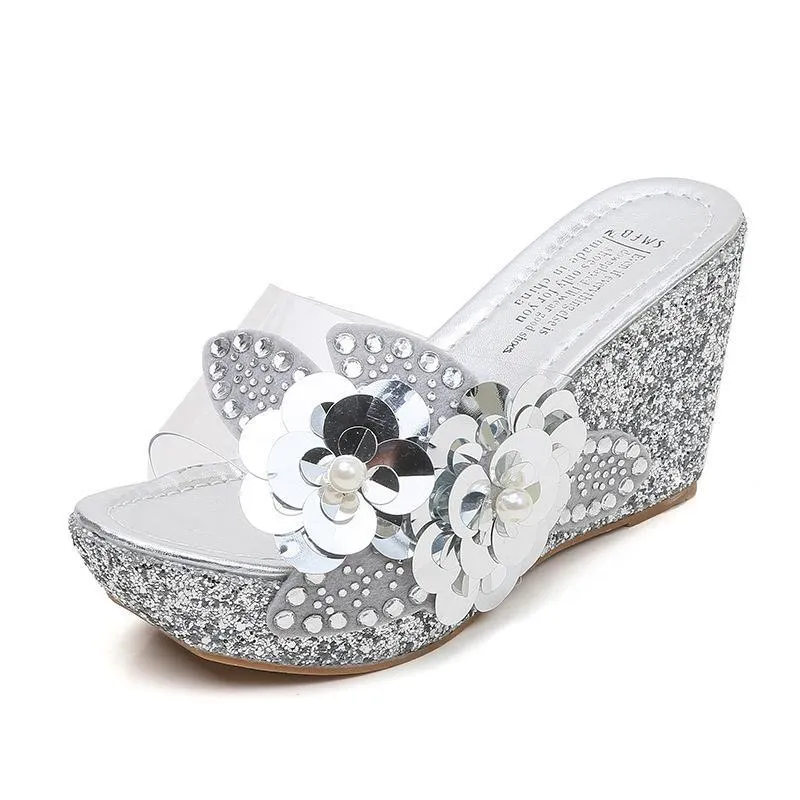 Women flower rhinestone platform wedge slide sandals