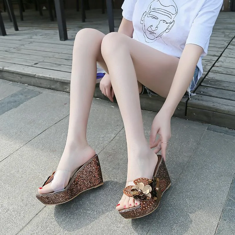 Women flower rhinestone platform wedge slide sandals