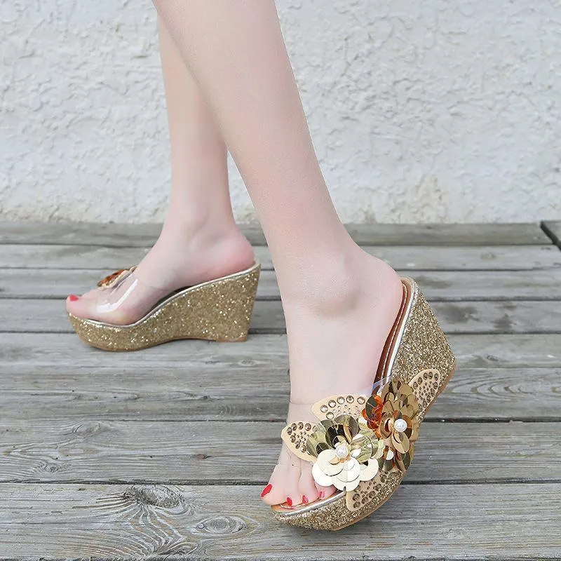 Women flower rhinestone platform wedge slide sandals