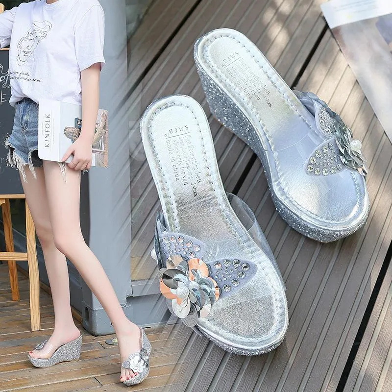 Women flower rhinestone platform wedge slide sandals