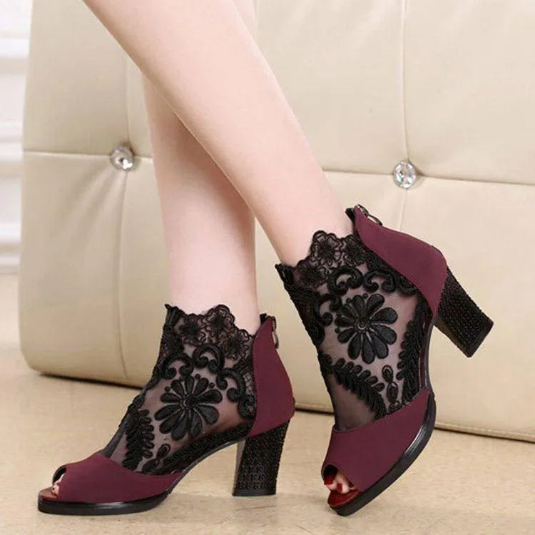 Women peep toe lace flower sexy chunky heels booties