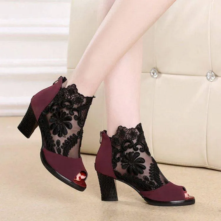 Women peep toe lace flower sexy chunky heels booties