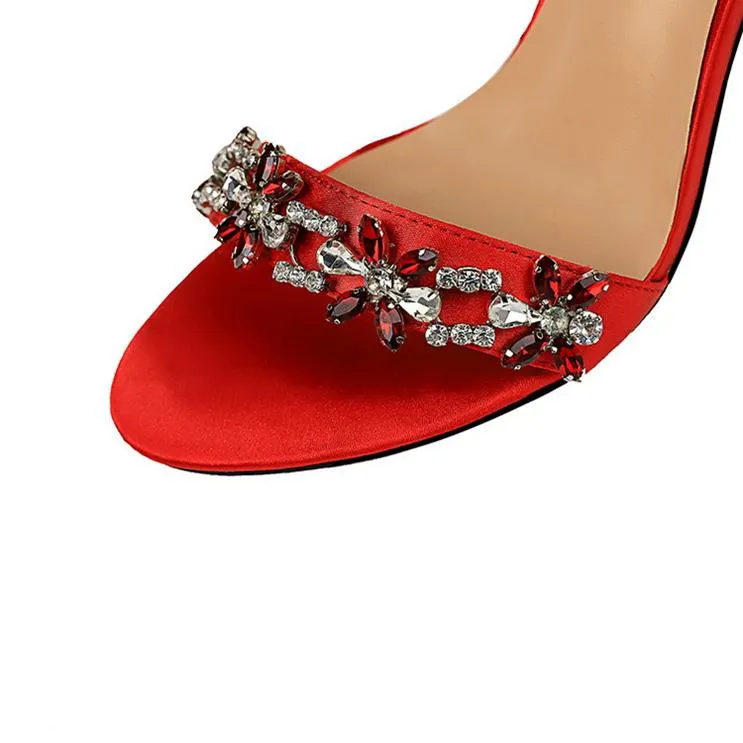 Women peep toe rhinestone flower side hollow stiletto heels